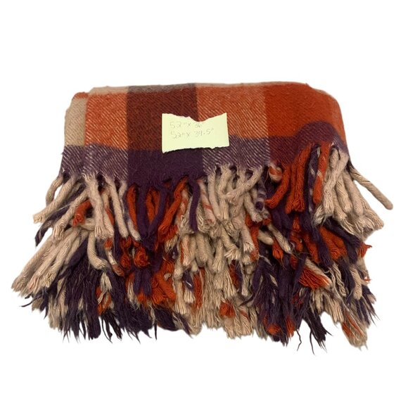 Plaid Wool Throw Blanket - Orange, Brown, Cream - Picture 6 of 7